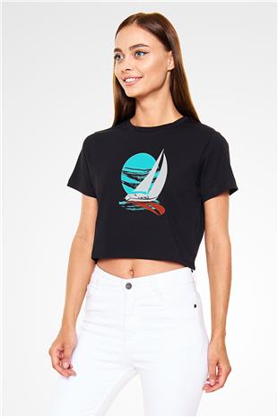 Yelken - Sail Baskılı Crop Top Siyah Kadın Tişört - Tshirt