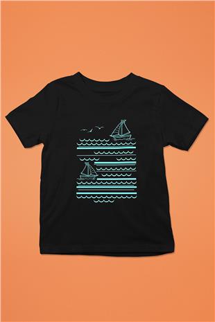 Yelken - Sail Baskılı Unisex Siyah Çocuk Tİşörtü - Tshirt