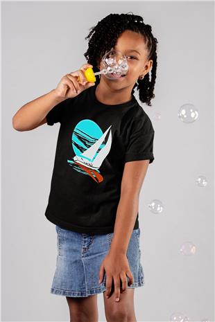 Yelken - Sail Baskılı Unisex Siyah Çocuk Tİşörtü - Tshirt