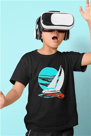 Yelken - Sail Baskılı Unisex Siyah Çocuk Tİşörtü - Tshirt