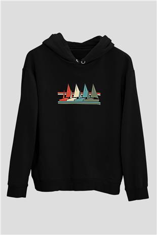 Yelken - Sail Baskılı Unisex Siyah Kapüşonlu Sweatshirt