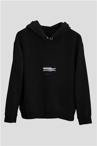 Yelken - Sail Baskılı Unisex Siyah Kapüşonlu Sweatshirt