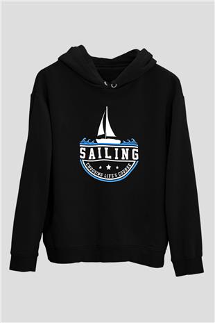 Yelken - Sail Baskılı Unisex Siyah Kapüşonlu Sweatshirt
