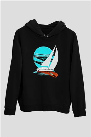 Yelken - Sail Baskılı Unisex Siyah Kapüşonlu Sweatshirt