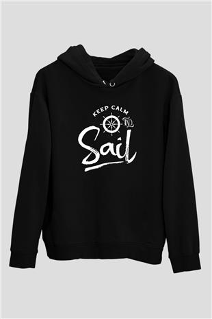 Yelken - Sail Baskılı Unisex Siyah Kapüşonlu Sweatshirt