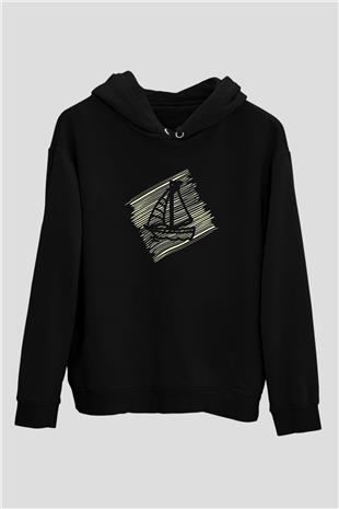 Yelken - Sail Baskılı Unisex Siyah Kapüşonlu Sweatshirt