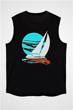 Yelken - Sail Baskılı Unisex Siyah Kolsuz Tişört