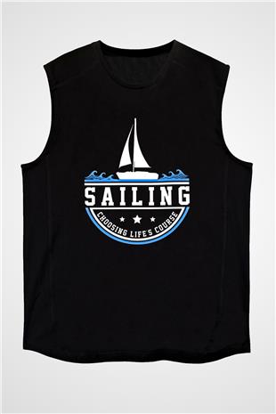 Yelken - Sail Baskılı Unisex Siyah Kolsuz Tişört