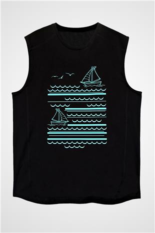 Yelken - Sail Baskılı Unisex Siyah Kolsuz Tişört
