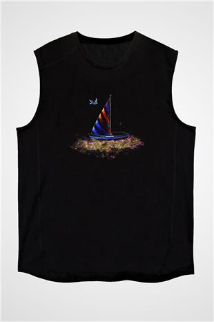 Yelken - Sail Baskılı Unisex Siyah Kolsuz Tişört