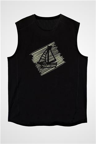 Yelken - Sail Baskılı Unisex Siyah Kolsuz Tişört