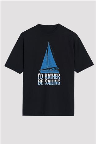 Yelken - Sail Baskılı Unisex Siyah Oversize Tişört