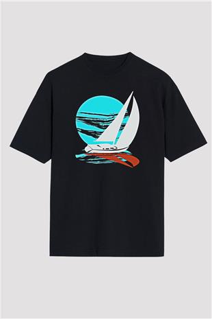 Yelken - Sail Baskılı Unisex Siyah Oversize Tişört