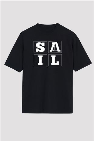 Yelken - Sail Baskılı Unisex Siyah Oversize Tişört
