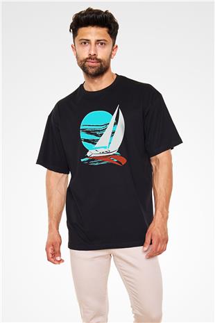 Yelken - Sail Baskılı Unisex Siyah Oversize Tişört
