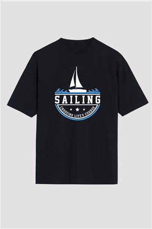 Yelken - Sail Baskılı Unisex Siyah Oversize Tişört