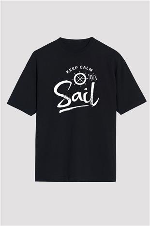 Yelken - Sail Baskılı Unisex Siyah Oversize Tişört