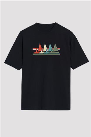 Yelken - Sail Baskılı Unisex Siyah Oversize Tişört