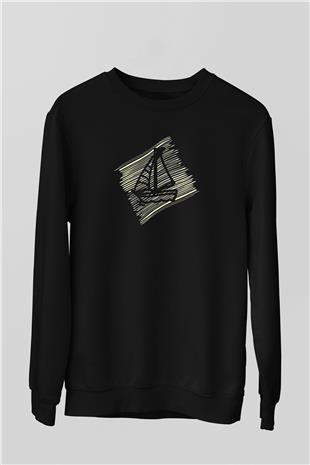 Yelken - Sail Baskılı Unisex Siyah Sweatshirt