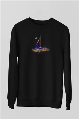 Yelken - Sail Baskılı Unisex Siyah Sweatshirt