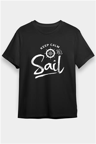 Yelken - Sail Baskılı Unisex Siyah Tişört - Tshirt