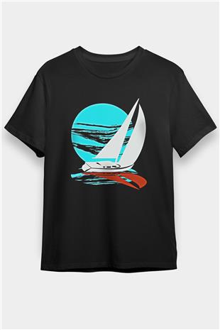Yelken - Sail Baskılı Unisex Siyah Tişört - Tshirt