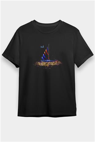 Yelken - Sail Baskılı Unisex Siyah Tişört - Tshirt