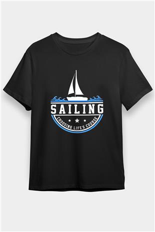 Yelken - Sail Baskılı Unisex Siyah Tişört - Tshirt