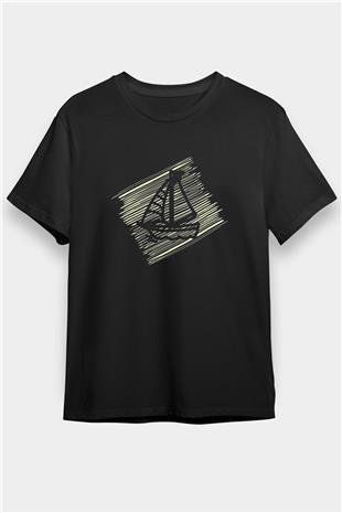 Yelken - Sail Baskılı Unisex Siyah Tişört - Tshirt