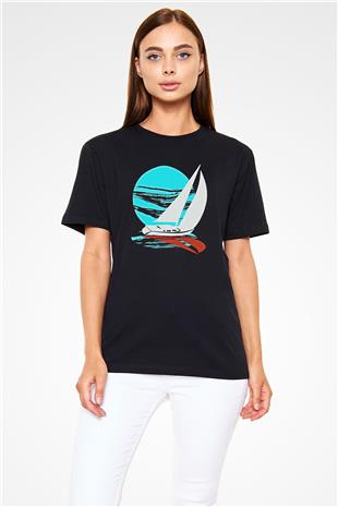 Yelken - Sail Baskılı Unisex Siyah Tişört - Tshirt