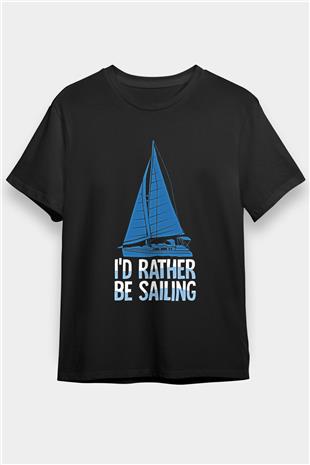 Yelken - Sail Baskılı Unisex Siyah Tişört - Tshirt