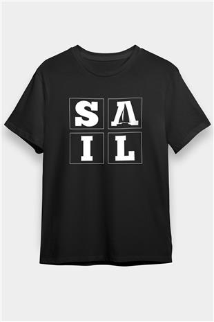 Yelken - Sail Baskılı Unisex Siyah Tişört - Tshirt