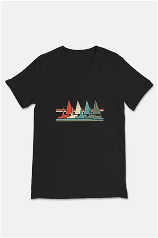 Yelken - Sail Baskılı Unisex Siyah V Yaka Tişört