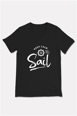 Yelken - Sail Baskılı Unisex Siyah V Yaka Tişört