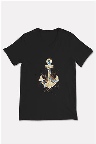 Yelken - Sail Baskılı Unisex Siyah V Yaka Tişört