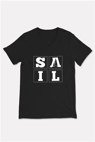 Yelken - Sail Baskılı Unisex Siyah V Yaka Tişört