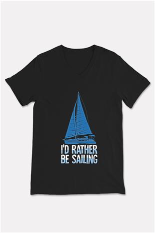 Yelken - Sail Baskılı Unisex Siyah V Yaka Tişört