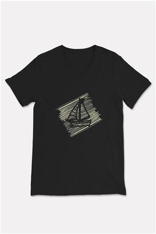 Yelken - Sail Baskılı Unisex Siyah V Yaka Tişört