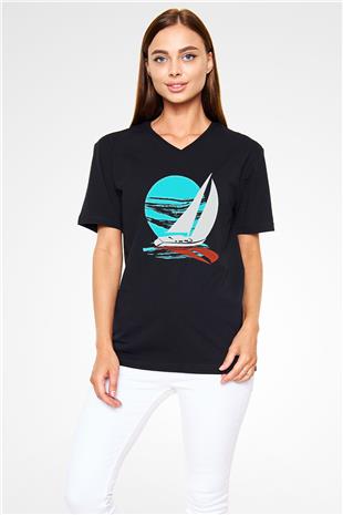 Yelken - Sail Baskılı Unisex Siyah V Yaka Tişört