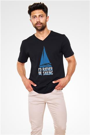 Yelken - Sail Baskılı Unisex Siyah V Yaka Tişört