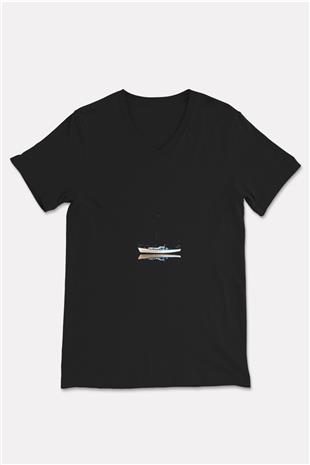 Yelken - Sail Baskılı Unisex Siyah V Yaka Tişört