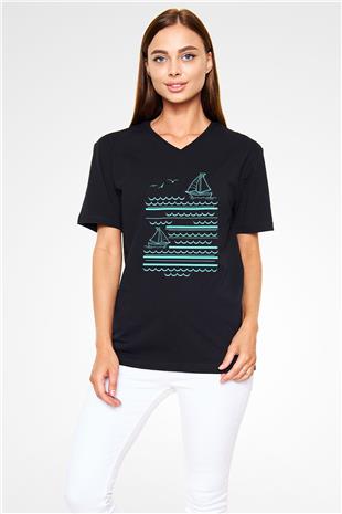 Yelken - Sail Baskılı Unisex Siyah V Yaka Tişört