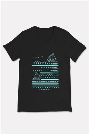 Yelken - Sail Baskılı Unisex Siyah V Yaka Tişört
