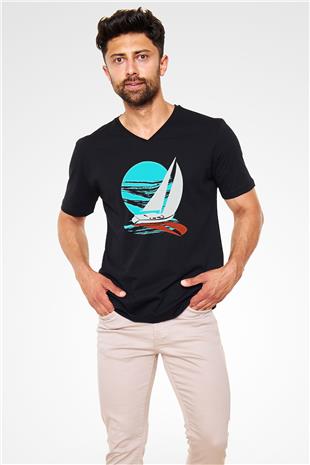 Yelken - Sail Baskılı Unisex Siyah V Yaka Tişört