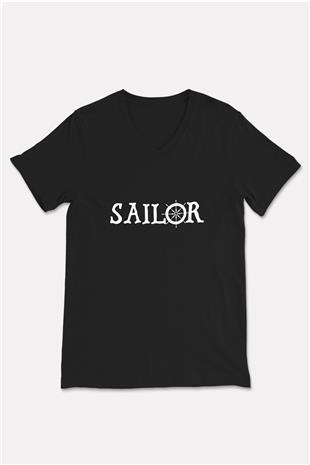 Yelken - Sail Baskılı Unisex Siyah V Yaka Tişört