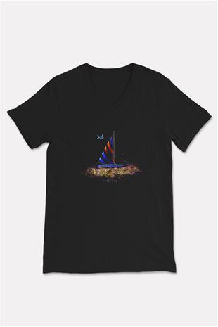 Yelken - Sail Baskılı Unisex Siyah V Yaka Tişört