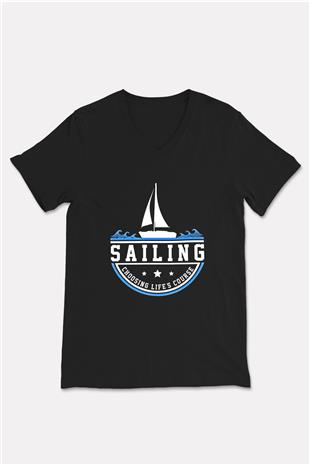 Yelken - Sail Baskılı Unisex Siyah V Yaka Tişört