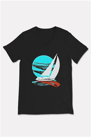 Yelken - Sail Baskılı Unisex Siyah V Yaka Tişört