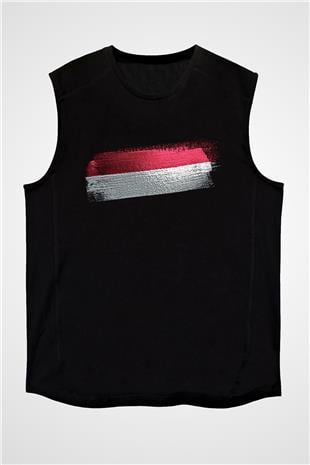 Yemen Bayrağı Baskılı Unisex Siyah Kolsuz Tişört