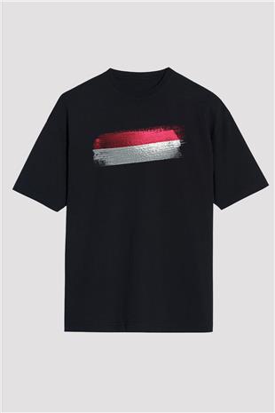Yemen Bayrağı Baskılı Unisex Siyah Oversize Tişört